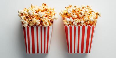 Freshly popped popcorn served in red and white striped containers for movie night enjoyment photo