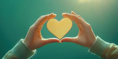 Hands forming a heart shape with a golden silhouette against a serene background in soft sunlight photo