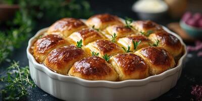 Freshly baked dinner rolls topped with herbs on a rustic table in a cozy kitchen setting photo