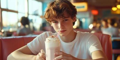 Teen enjoying a milkshake in a vibrant diner during the afternoon in a retro setting with bright colors and lively atmosphere photo