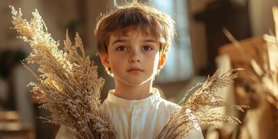 Young child holding dried flowers in a warm, sunlight-filled room showcasing innocence and rustic charm photo
