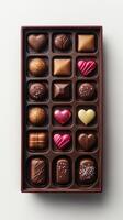Gourmet chocolate assortment with various shapes, flavors, and colors displayed in an elegant box for special occasions photo