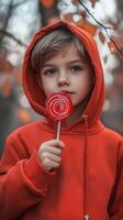 joven niño en un rojo capucha participación un vistoso pirulí rodeado por otoño hojas foto