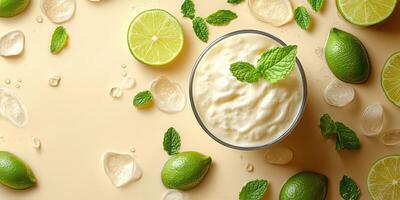 Refreshing lime and mint dessert served in a glass with ice on a light background photo