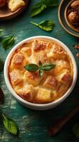 Warm bread pudding with fresh mint on a rustic wooden table photo