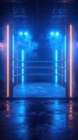 Brightly lit wrestling ring surrounded by vibrant blue and orange lights creates an electrifying atmosphere for an event photo