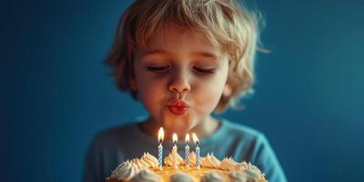 Young child blowing out birthday candles on a cake in a cozy setting with blue background photo