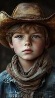 Young cowboy with freckles and blue eyes wearing a hat and scarf in a rustic setting during golden hour photo