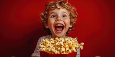 Excited child enjoys popcorn with a big smile in front of a vibrant red background at home photo