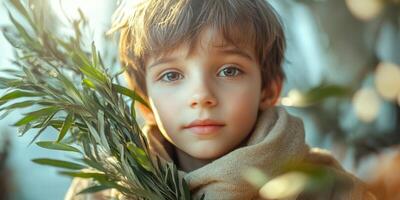 Young boy holding olive branch in serene natural setting during golden hour photo