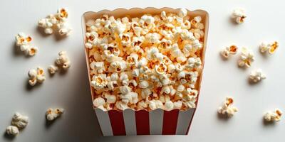 Popcorn served in a classic red and white striped box on a light backdrop, perfect for movie nights or festivities photo