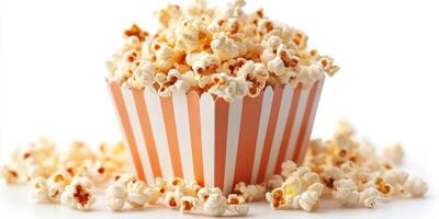 Popcorn overflowing from a striped container ready for a movie night or celebration in a cozy setting photo