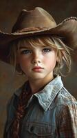 Young child with striking blue eyes wearing a cowboy hat and rustic attire poses for a portrait in warm lighting photo