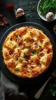 Savory baked dish with crispy bacon and herbs prepared in a cozy kitchen setting photo