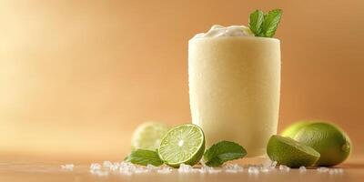Refreshing mint and lime drink served in a chilled glass on a wooden surface garnished with fresh mint leaves photo