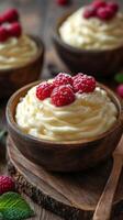 Delicious dessert with whipped cream and fresh raspberries served in wooden bowls at a rustic table setting photo