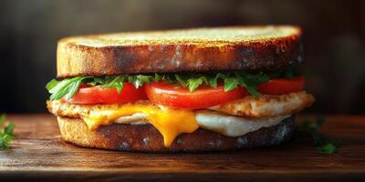 Delicious grilled sandwich with cheese, chicken, tomatoes, and greens served on rustic wood table photo