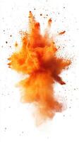 Vivid orange powder explosion caught in action creating a dynamic and energetic visual display in a bright environment photo