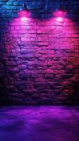 Colorful illuminated brick wall with pink and purple lighting creating a vibrant atmosphere in an urban setting photo