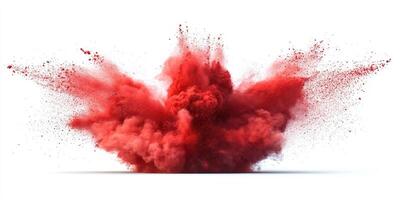 Vivid red powder explosion creating a dramatic cloud effect on a white background photo