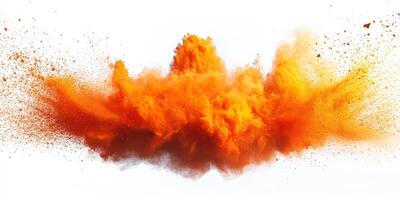 Vibrant orange powder explosion creates a dynamic and colorful visual display against a white background photo
