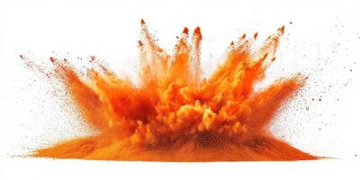 Bright orange powder explodes in a dramatic display creating a vibrant cloud of color in a clear background photo