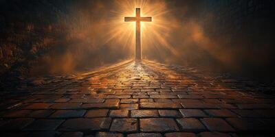 Light shines through a stone archway illuminating a cross in a dimly lit setting at dawn photo