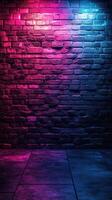 Bright pink and blue lights illuminate a textured brick wall in a darkened space creating a vivid atmosphere photo