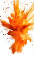 Orange powder explosion creates a vibrant cloud of color against a white background during an artistic demonstration in a studio setting photo