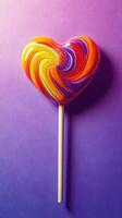 Colorful heart-shaped lollipop resting against a vibrant gradient background with swirls of orange, purple, and yellow photo