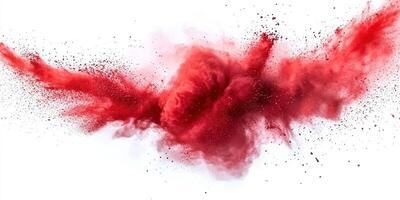 Red powder explodes in vibrant clouds creating dynamic forms against a white backdrop photo
