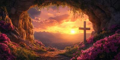 Stunning sunset view from a cave with flowers and a cross at twilight in a serene landscape photo