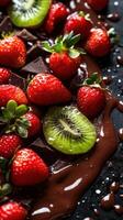 Juicy strawberries and kiwi slices dipped in rich melted chocolate on a dark background photo
