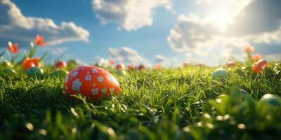 Colorful easter eggs scattered in a sunny field with blooming flowers and fluffy clouds photo