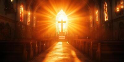Sunlight streaming through stained glass windows illuminates the altar of a majestic church during evening service photo