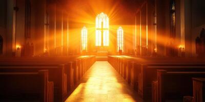 Sunlight streams through the stained glass windows of a serene church, illuminating the empty pews during golden hour photo