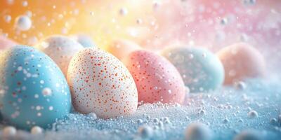 Colorful speckled eggs resting on a soft surface with bubbles and a vibrant background during spring festivities photo