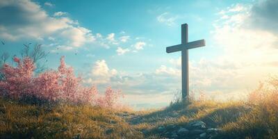 Beautiful spring landscape with a wooden cross under a blue sky filled with clouds and blooming pink flowers photo