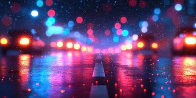 Vibrant city street illuminated by colorful lights on a rainy night photo