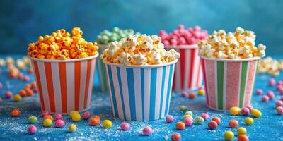 Colorful cups of popcorn and candy arranged on a vibrant blue surface, perfect for a festive celebration or movie night photo