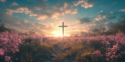 Tranquil sunrise over a field of flowers with a prominent cross at the horizon photo
