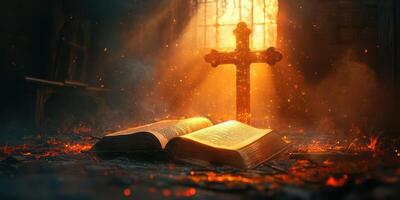 Light shines through dust and smoke, illuminating a cross beside an open book in an abandoned, dark room photo