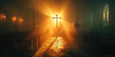 Light streaming through stained glass illuminates a gothic church interior with a central cross at dusk photo