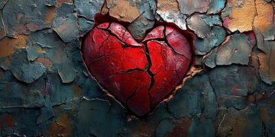Heart design emerges from cracked, colorful wall surface showcasing artistic expression and emotion photo