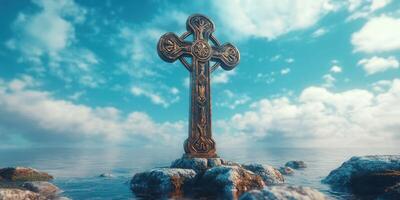 Intricate Celtic cross stands amidst tranquil waters under a bright sky photo