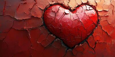 Cracked red heart art symbolizing love and emotion on textured wall photo
