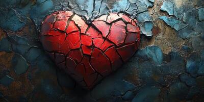 Cracked red heart against a textured, weathered blue and brown background evokes deep emotions and creative expression photo