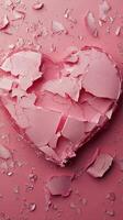Broken heart shaped candy pieces scattered on a pink surface photo