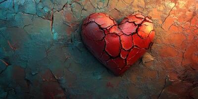 Cracked heart symbolizing resilience against adversity in an artistic background of textured surfaces photo