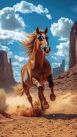 Majestic horse gallops across the desert landscape under a bright blue sky in a dramatic natural setting photo